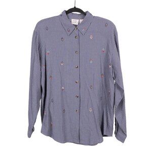 Koret City Blues VTG 90s Button Up Shirt M Womens Embroidered Gingham Blue